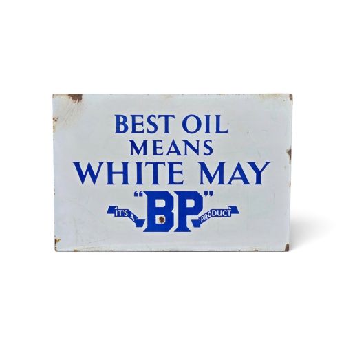 Vintage Original Circa 1935 Double-sided Enamel Advertising Sign with Original Mounting Flange – "Best Oil Means White May 'Bp' Product", the Property of Shell-mex and B.p. Ltd