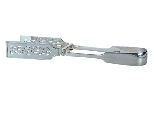 fig 1. Victorian sterling silver asparagus tongs featuring wide, pierced scrollwork blades and clear assay hallmarks along the upper arm.