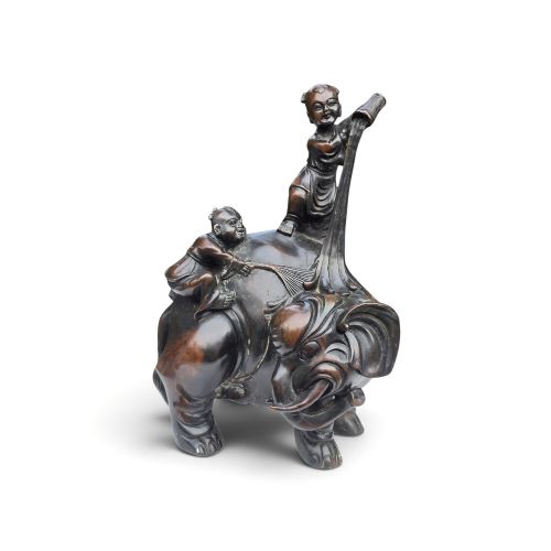 A Rare Chinese Heavy Bronze Scholar’s Group of Boys and an Elephant, 17th–18th Century