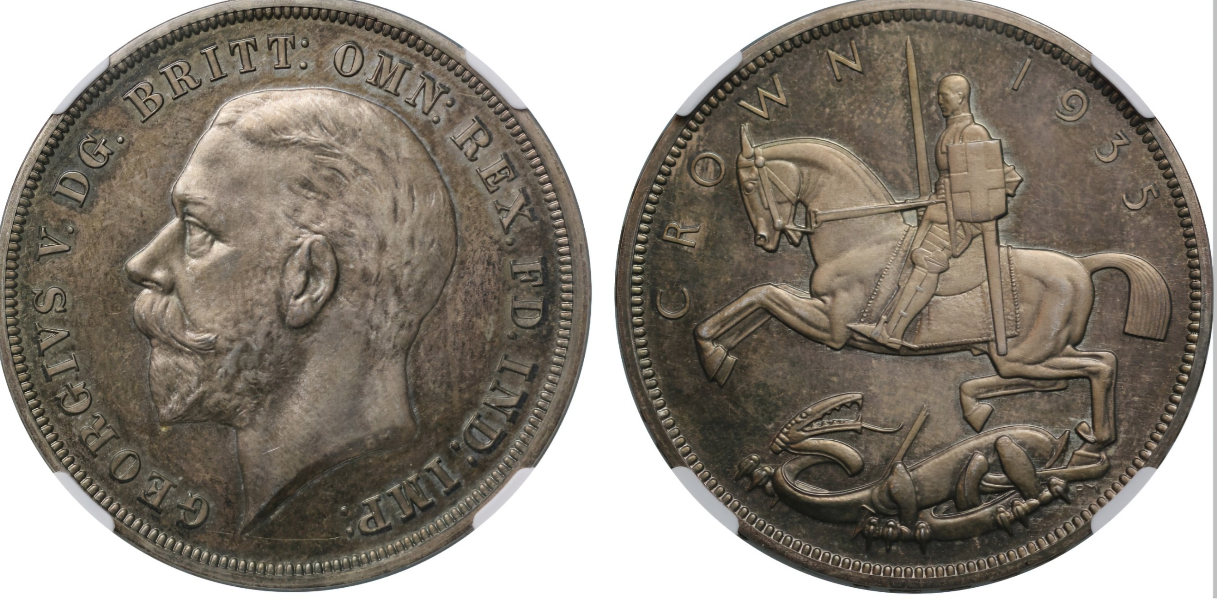 George V 1935 proof Jubilee Crown, raised edge lettering PF64