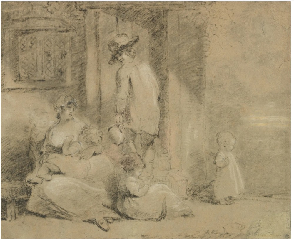 An 18th-century monochrome black chalk sketch depicting a rustic family gathered outside a cottage doorway.