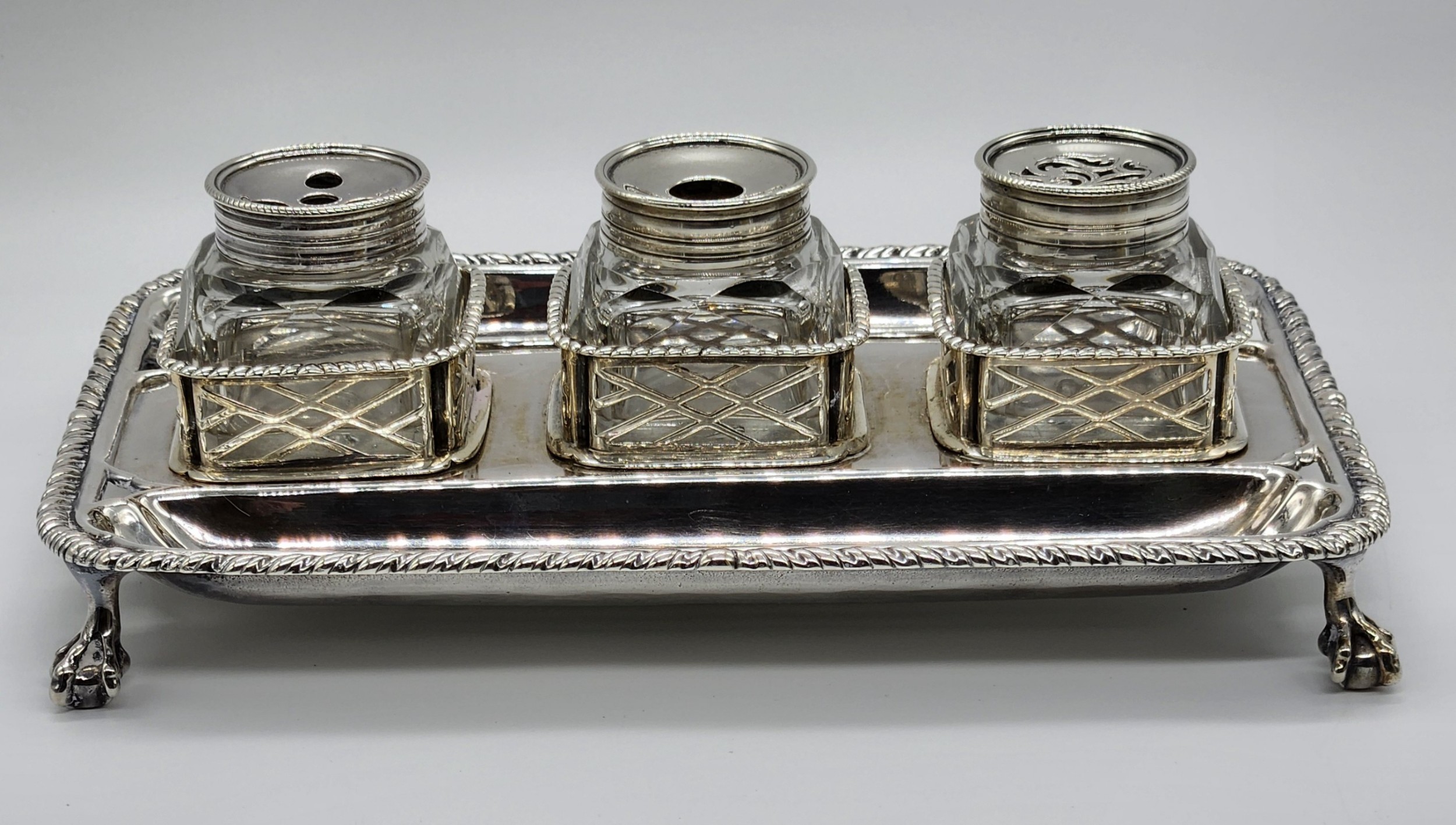 A King George III Silver Three Bottle Inkstand Made London 1762
