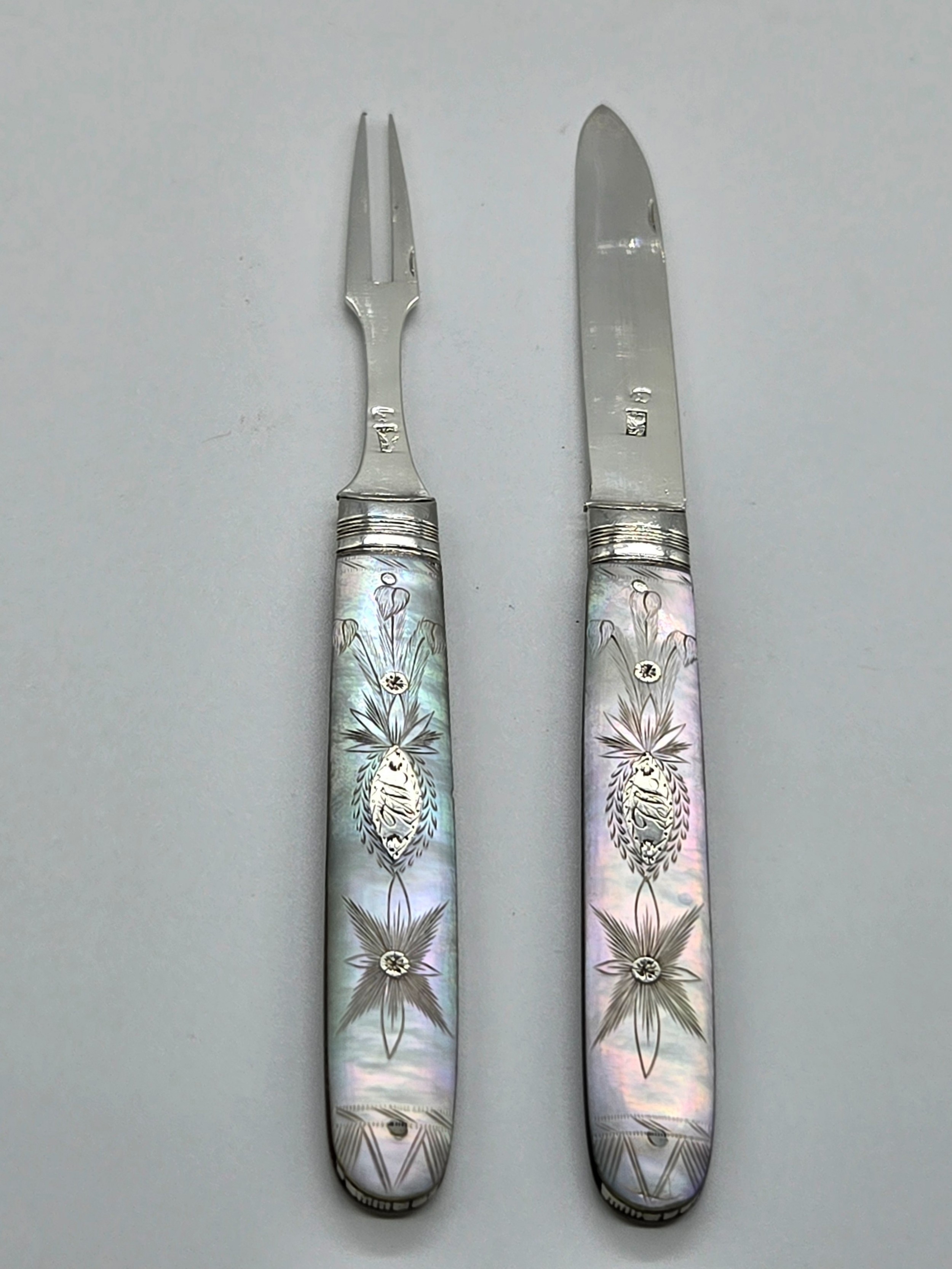 An Unusual George III Cased Solid Silver & Mother of Pearl Travelling Knife & Fork Campaign Set