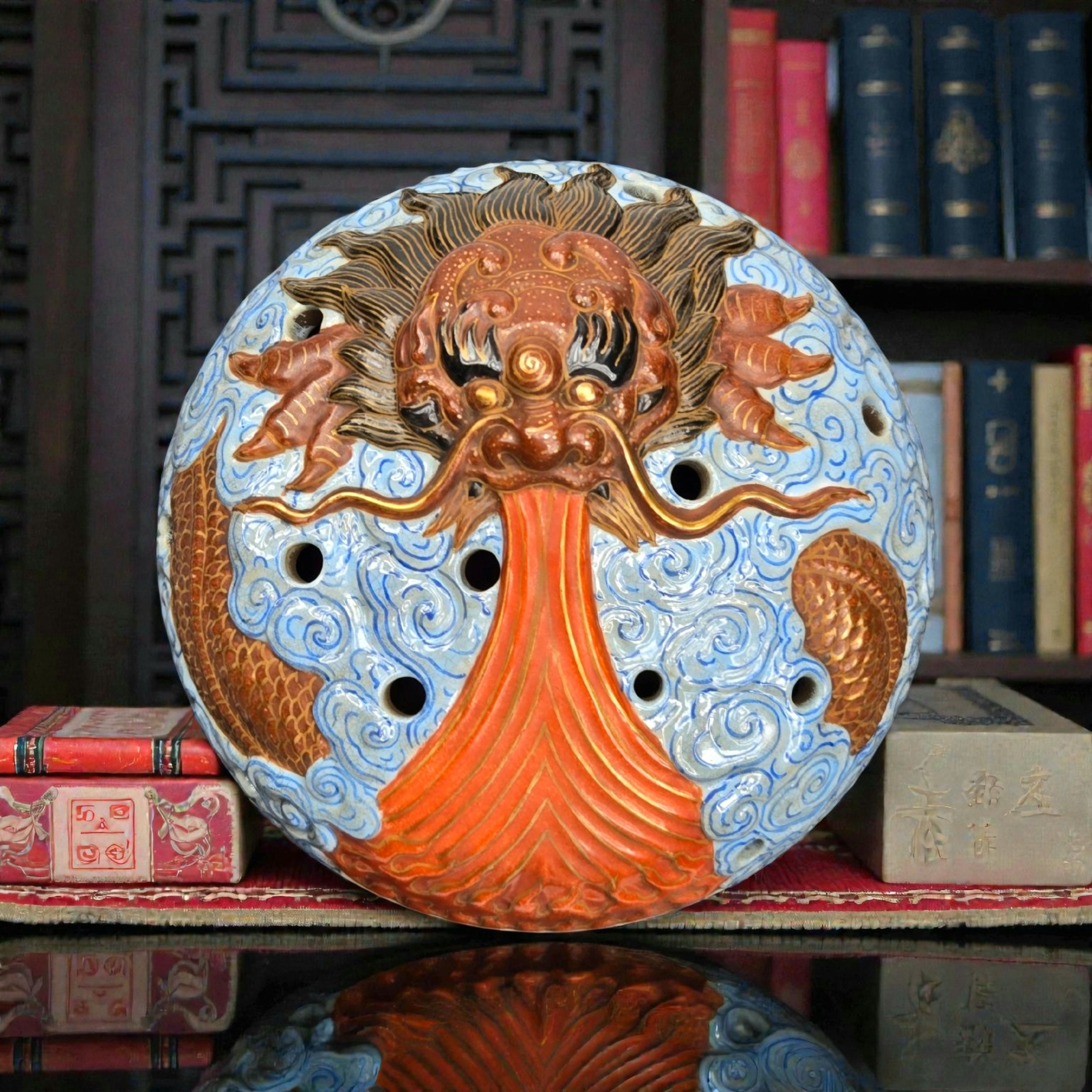 CHINESE QIANLONG MARKED DRAGON FISH PORCELAIN INCENSE ... 2