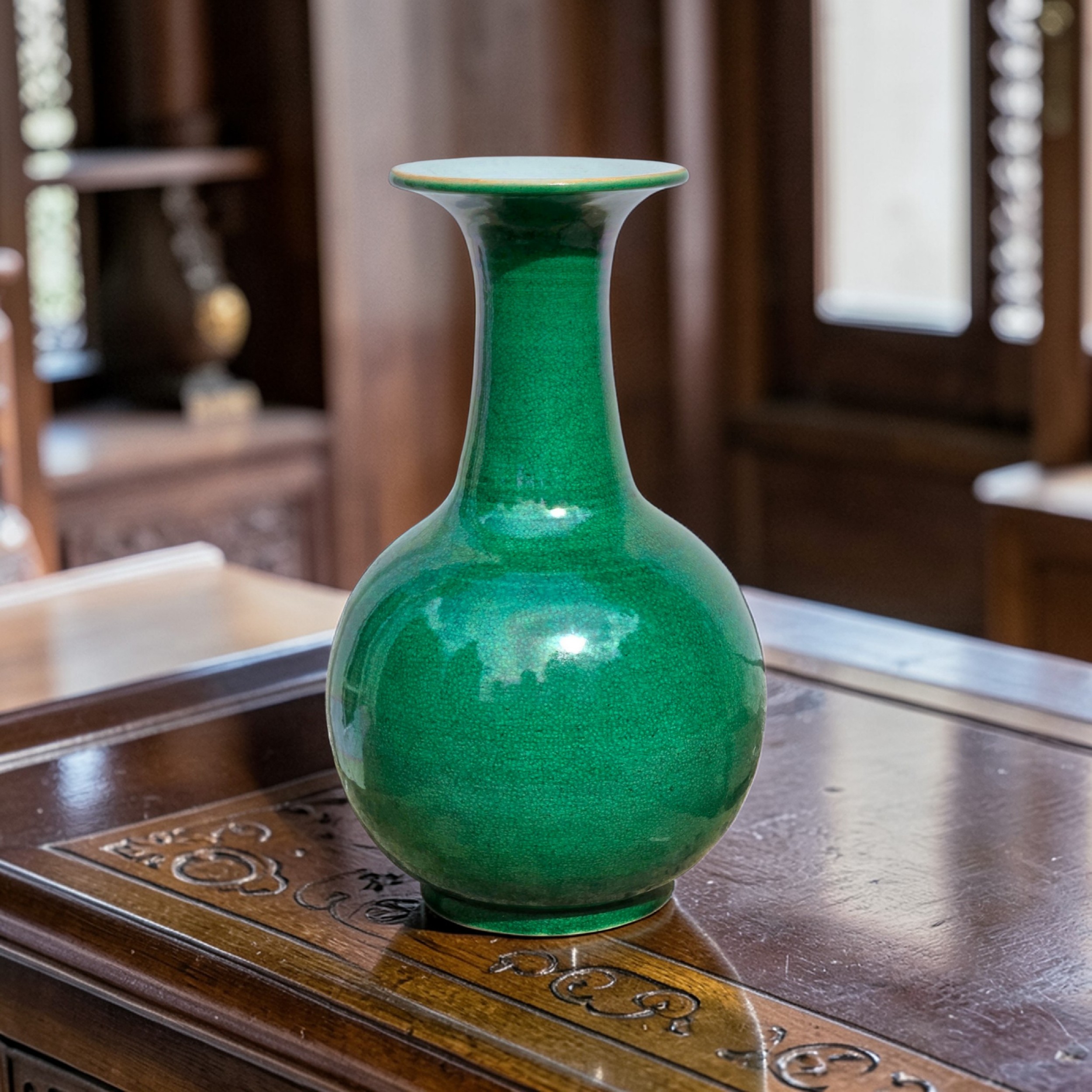 A Chinese 19th Century Apple Green Crackle Glazed Pear Shaped Vase Qing Dynasty