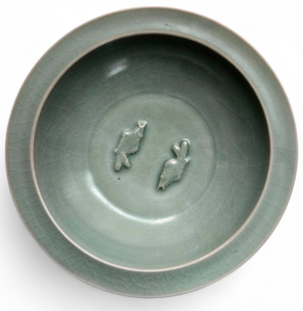 ANTIQUE CHINESE LONGQUAN CELADON TWIN FISH DISH-20CM ... 2