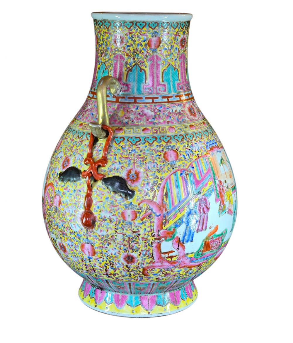A monumental Chinese porcelain floor vase featuring a yellow ground with hand-painted polychrome enamel figural court scenes in central reserves and decorative handles. View VI