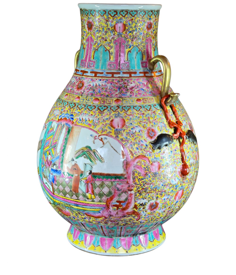 A monumental Chinese porcelain floor vase featuring a yellow ground with hand-painted polychrome enamel figural court scenes in central reserves and decorative handles. View VIII