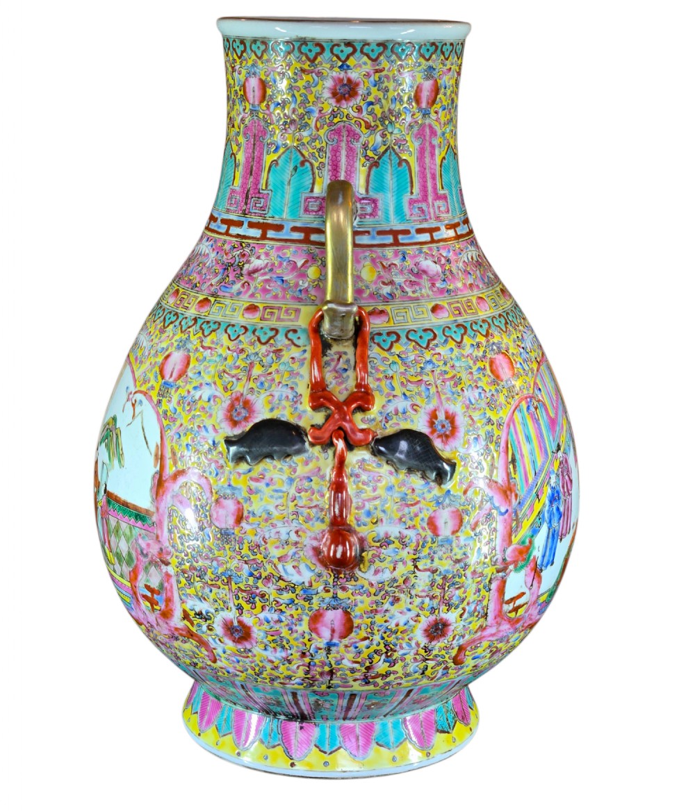 A monumental Chinese porcelain floor vase featuring a yellow ground with hand-painted polychrome enamel figural court scenes in central reserves and decorative handles. View IX