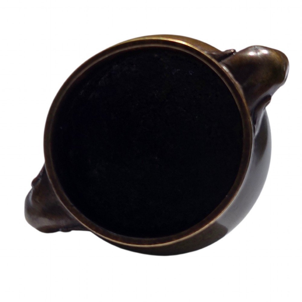 A miniature dark bronze censer featuring a rounded body, twin elephant head handles with curved trunks, and a circular raised footring. View VI