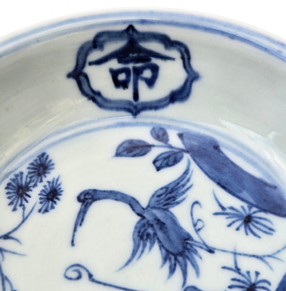 A circular Chinese blue and white porcelain deep saucer dish decorated with cobalt underglaze imagery of Shoulao, a crane, and character cartouches. View IV