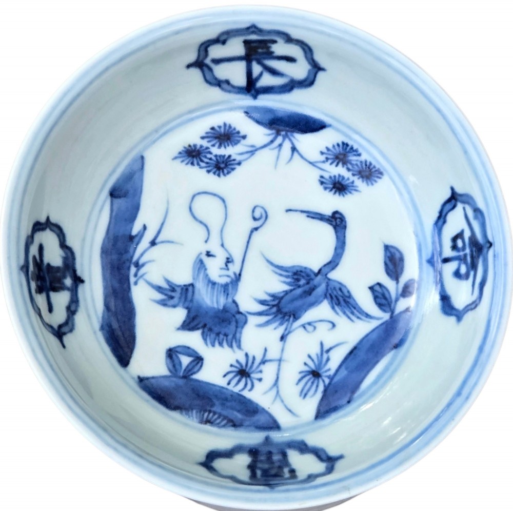 A circular Chinese blue and white porcelain deep saucer dish decorated with cobalt underglaze imagery of Shoulao, a crane, and character cartouches. View VIII