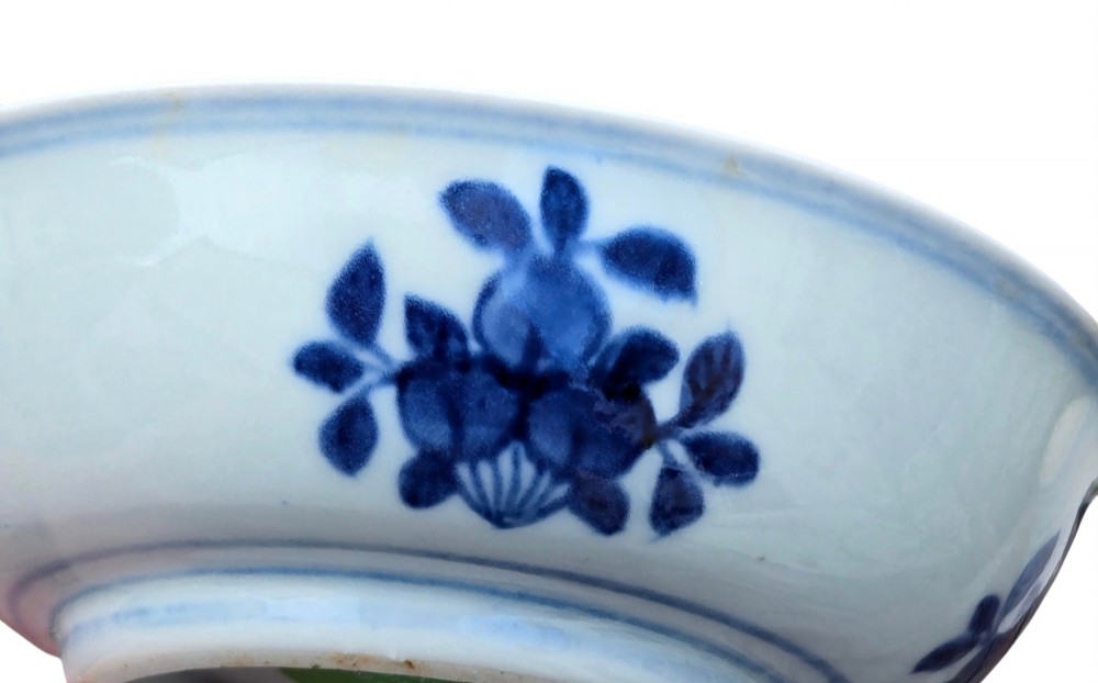 A circular Chinese blue and white porcelain deep saucer dish decorated with cobalt underglaze imagery of Shoulao, a crane, and character cartouches. View XII