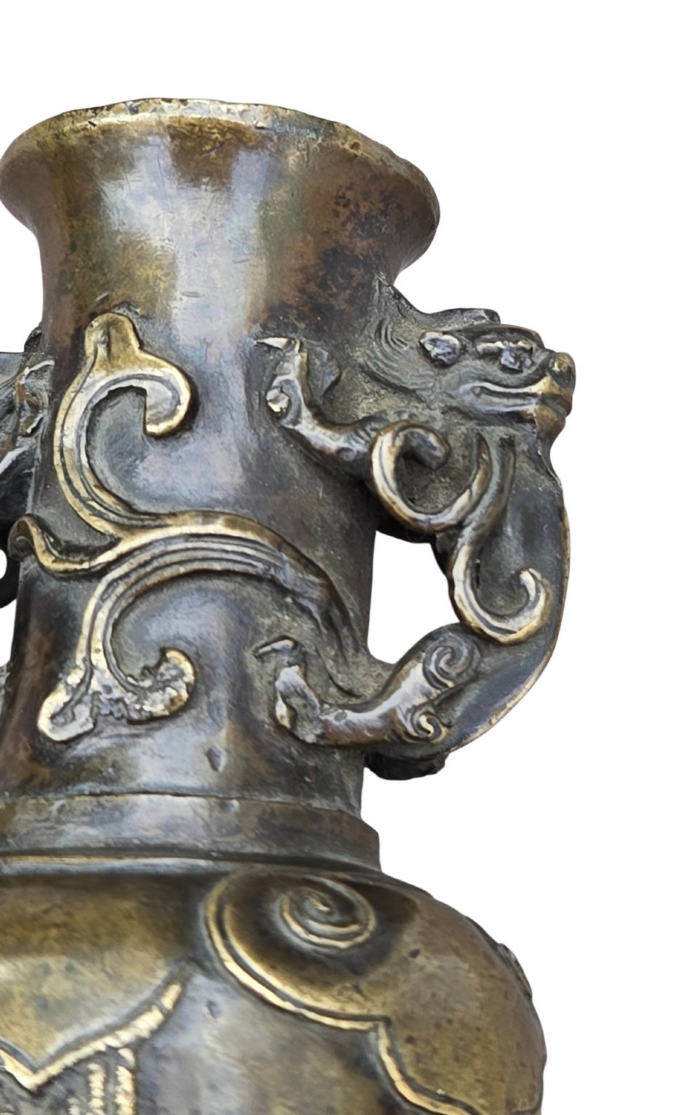 A patinated cast bronze Chinese vase featuring stylised dragon-head handles and raised Yingluo beaded tassels. View V