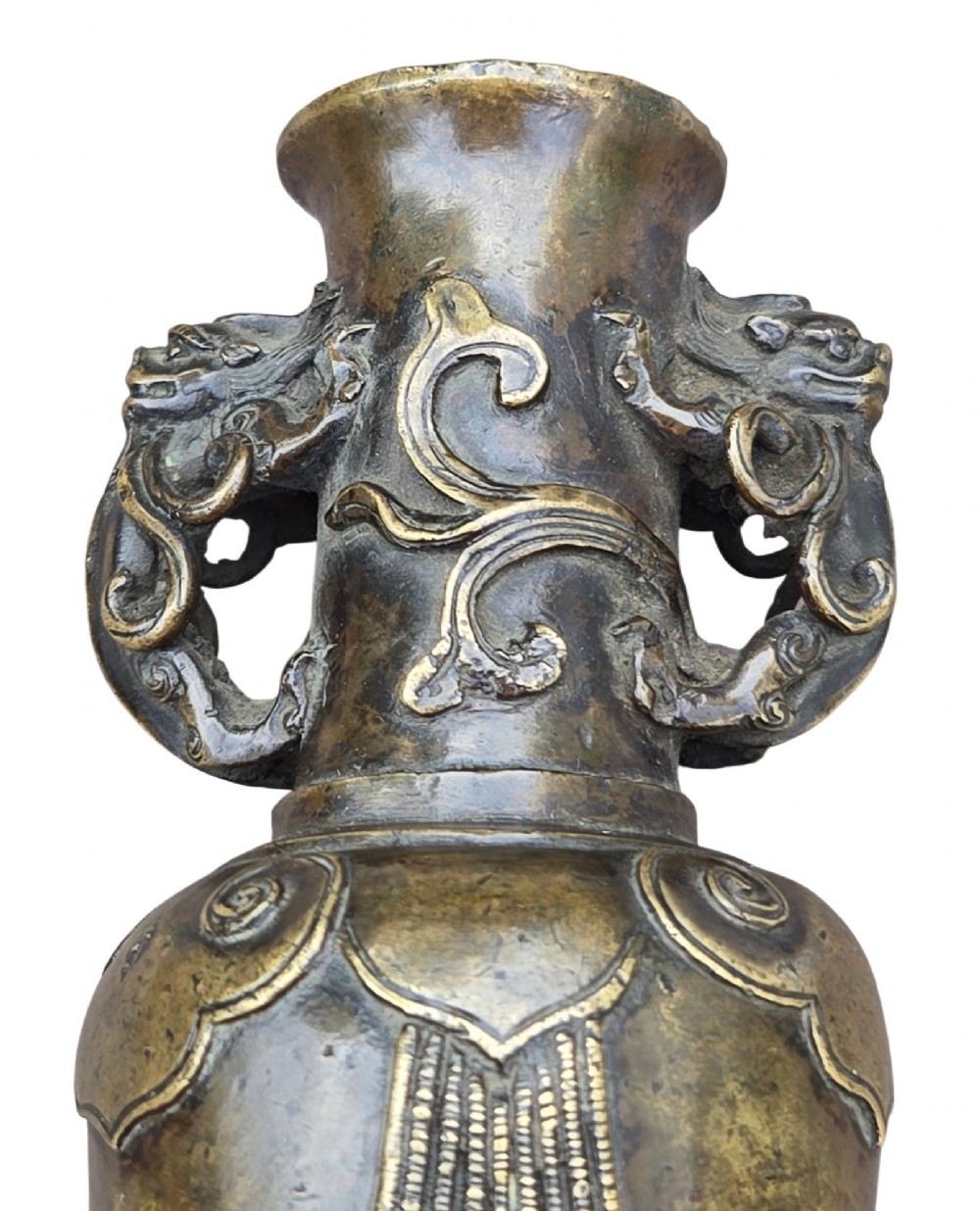 A patinated cast bronze Chinese vase featuring stylised dragon-head handles and raised Yingluo beaded tassels. View VI