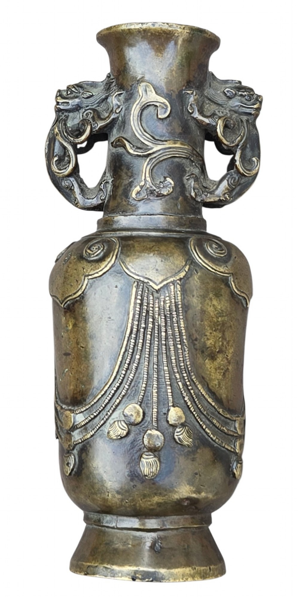 A patinated cast bronze Chinese vase featuring stylised dragon-head handles and raised Yingluo beaded tassels. View VII