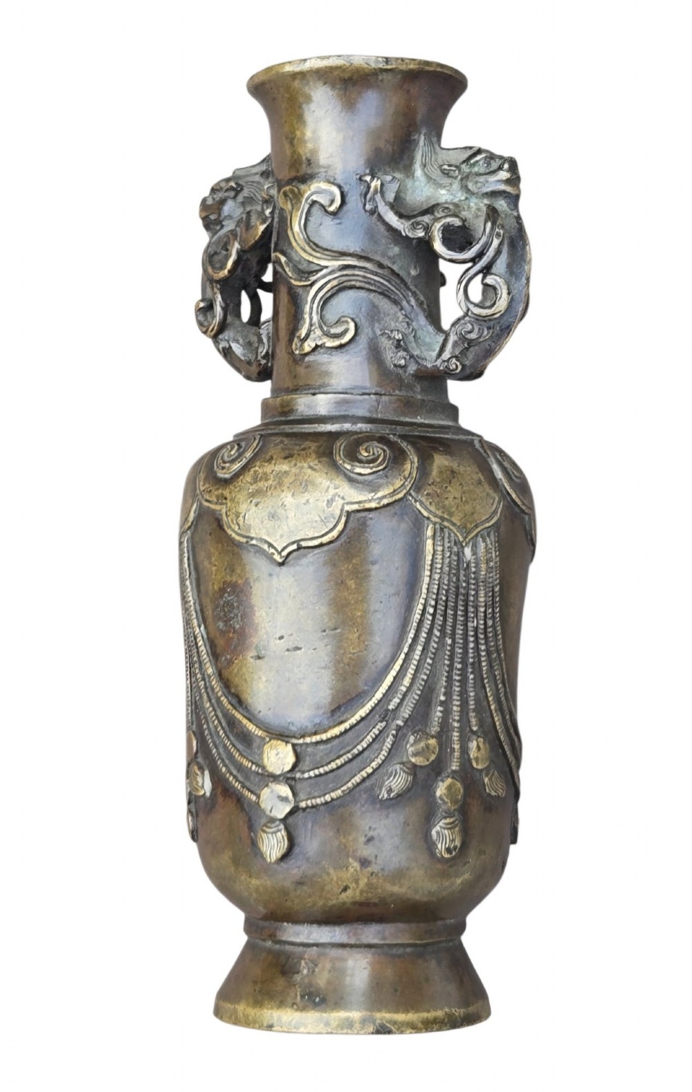A patinated cast bronze Chinese vase featuring stylised dragon-head handles and raised Yingluo beaded tassels. View XI