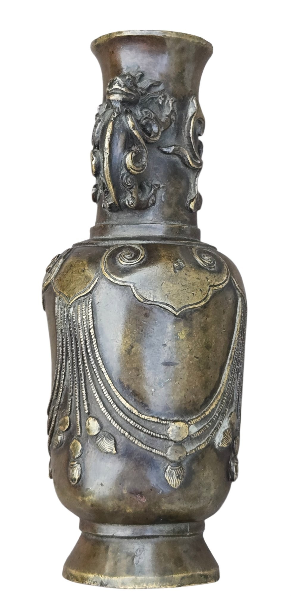A patinated cast bronze Chinese vase featuring stylised dragon-head handles and raised Yingluo beaded tassels. View XII