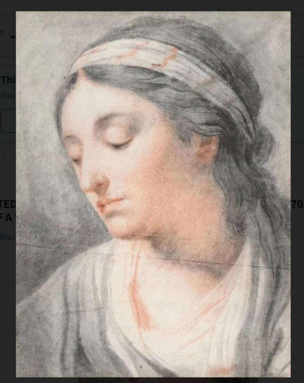 A chalk portrait drawing depicting the head and shoulders of a young woman wearing a patterned headband with her head tilted downwards. View II