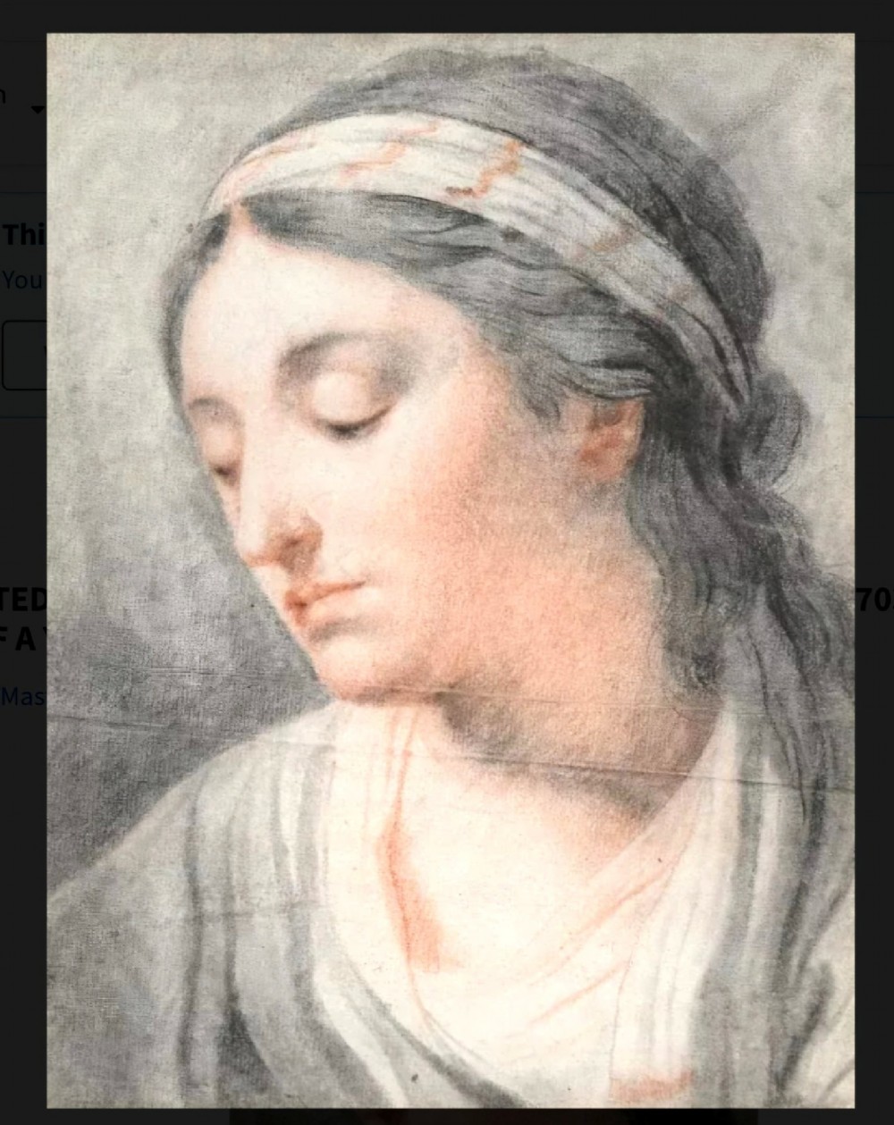 A chalk portrait drawing depicting the head and shoulders of a young woman wearing a patterned headband with her head tilted downwards.