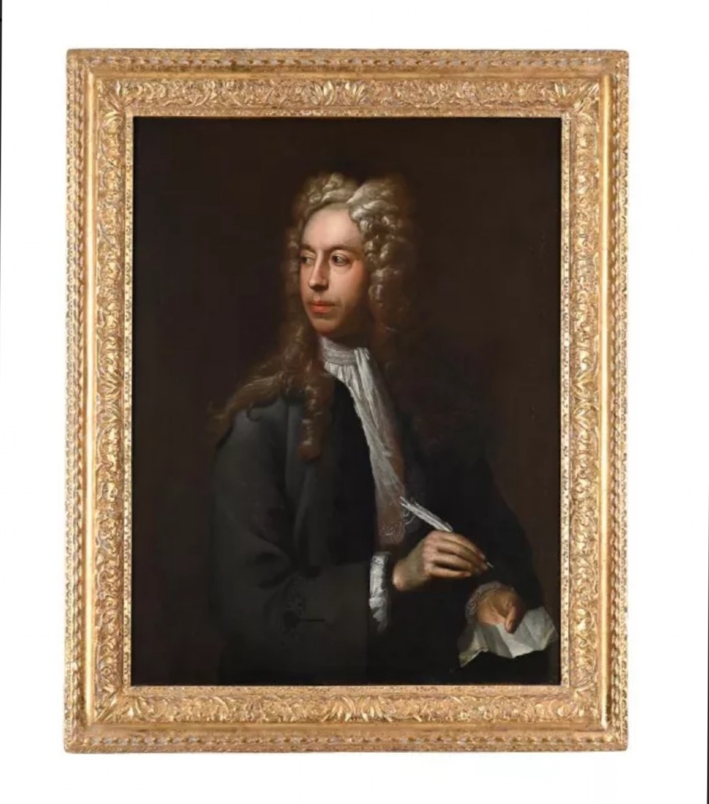 An eighteenth-century oil painting depicting a gentleman scholar with a long wig and quill pen, set within an ornate gilded frame. View II