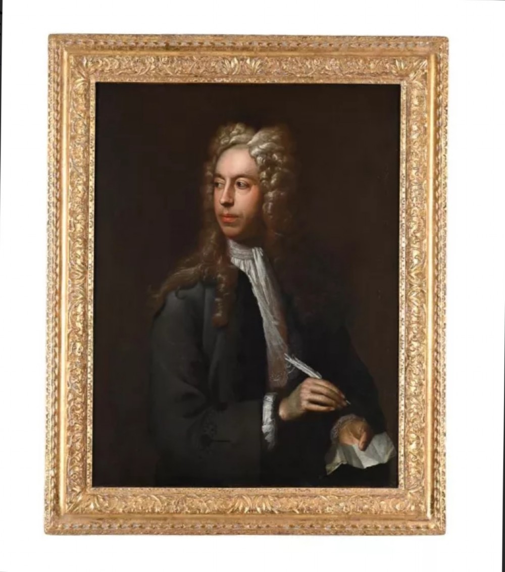 An eighteenth-century oil painting depicting a gentleman scholar with a long wig and quill pen, set within an ornate gilded frame. View IV