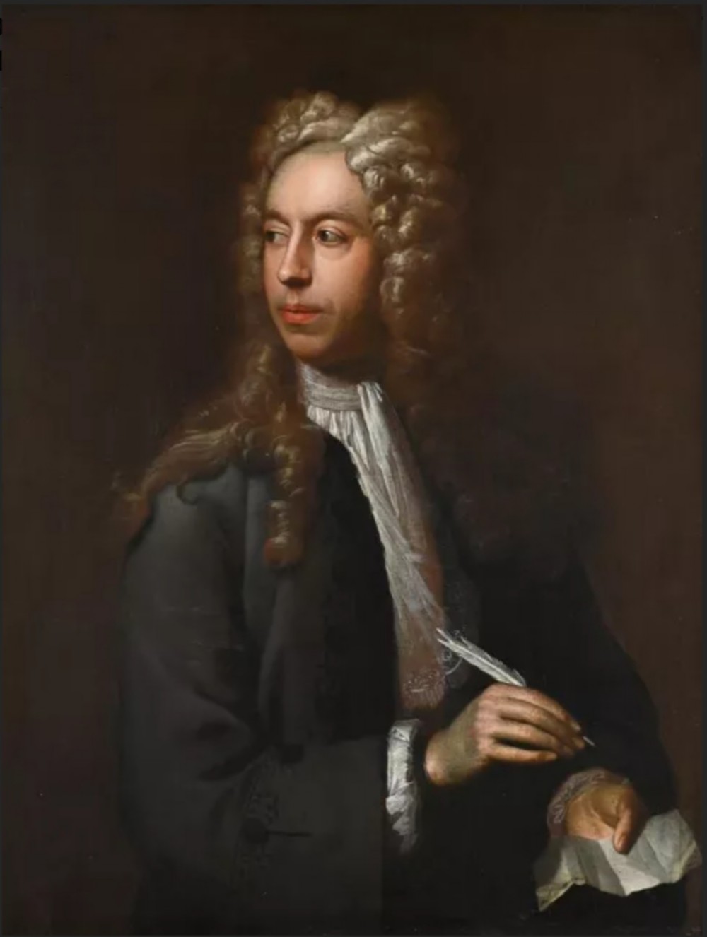An eighteenth-century oil painting depicting a gentleman scholar with a long wig and quill pen, set within an ornate gilded frame. View VI