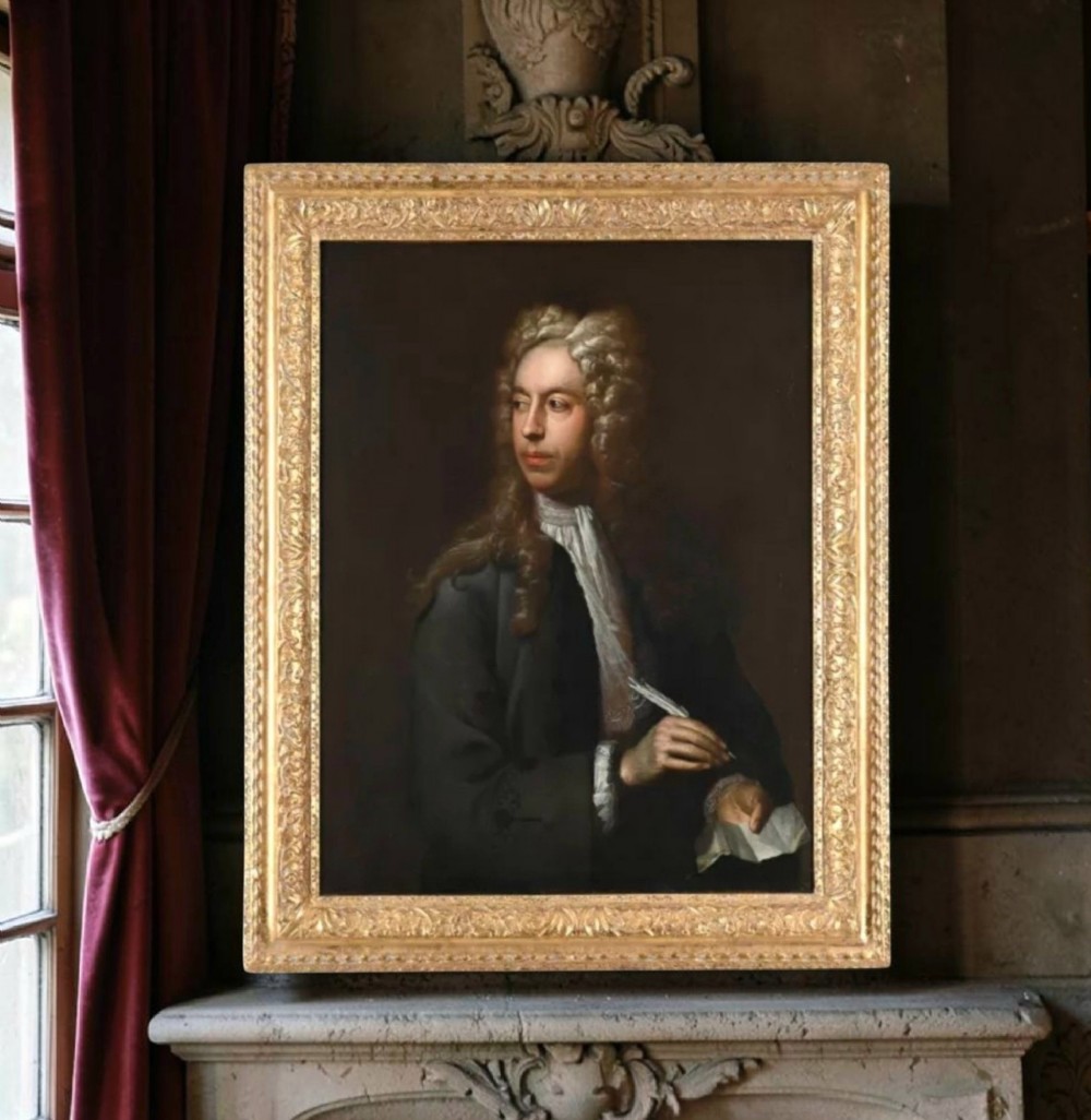 An eighteenth-century oil painting depicting a gentleman scholar with a long wig and quill pen, set within an ornate gilded frame. View VII