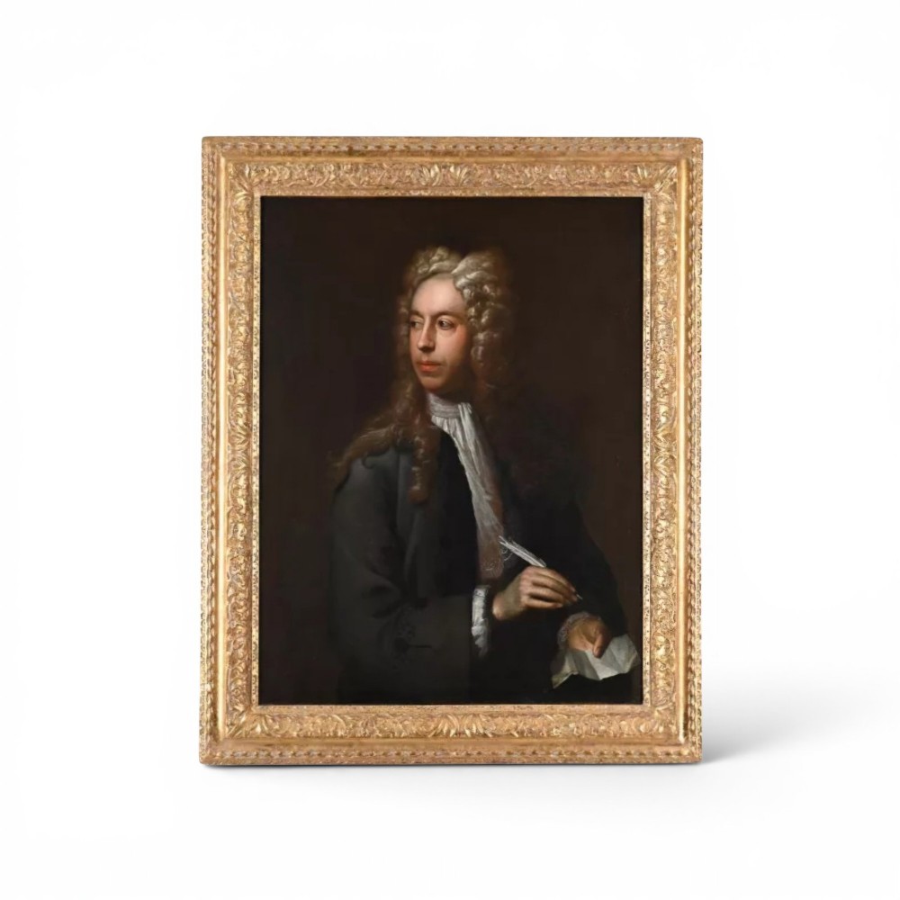 An eighteenth-century oil painting depicting a gentleman scholar with a long wig and quill pen, set within an ornate gilded frame. View XII