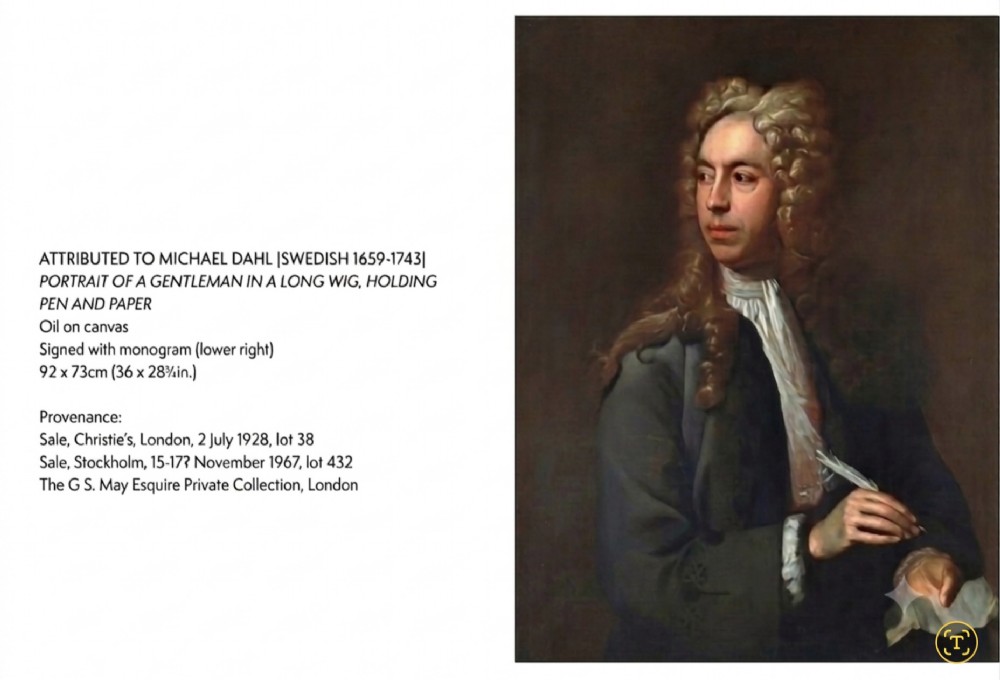 An eighteenth-century oil painting depicting a gentleman scholar with a long wig and quill pen, set within an ornate gilded frame. View III
