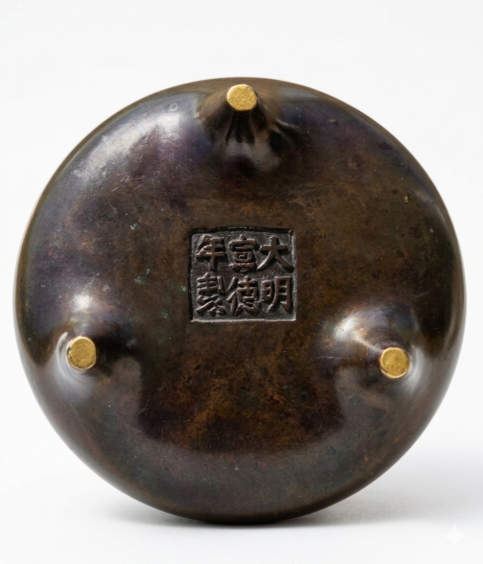 A dark brown patinated bronze censer with flared handles resting on a carved Zitan wooden stand. View XIV