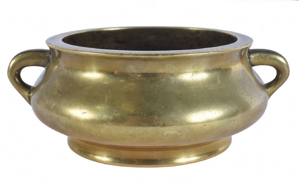 An 18th-century cast bronze incense burner featuring a compressed rounded body, flared rim, two loop handles, and a burnished golden patinated finish. View XII