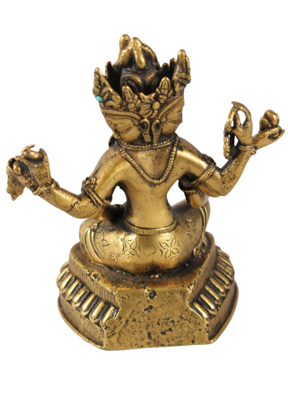 An early 19th-century gilt bronze multi-armed deity figure seated on a lotus base with turquoise stone inlays in the crown. View IX