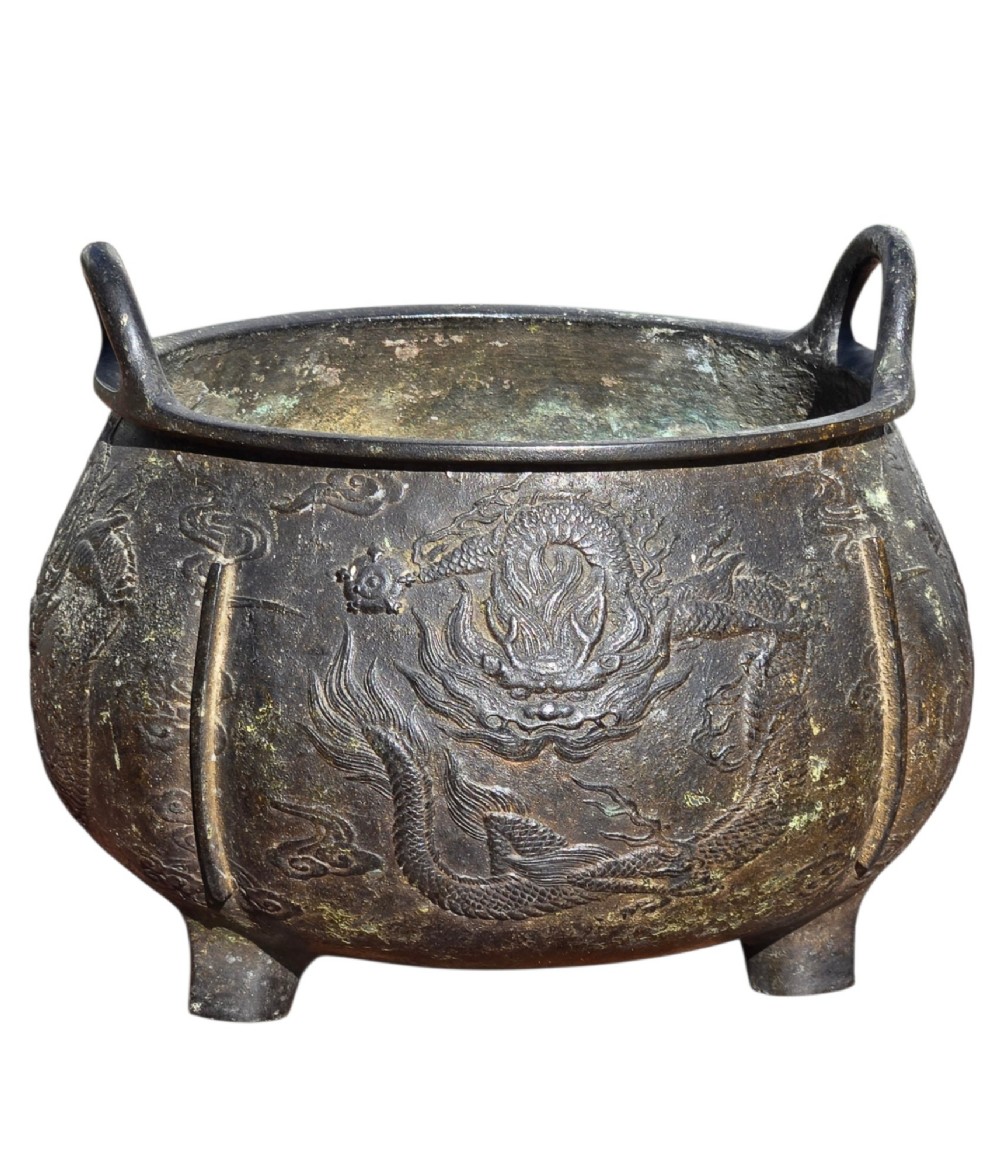 A dark cast bronze tripod censer with loop handles, low feet, and dragon motifs in relief across the exterior. View II