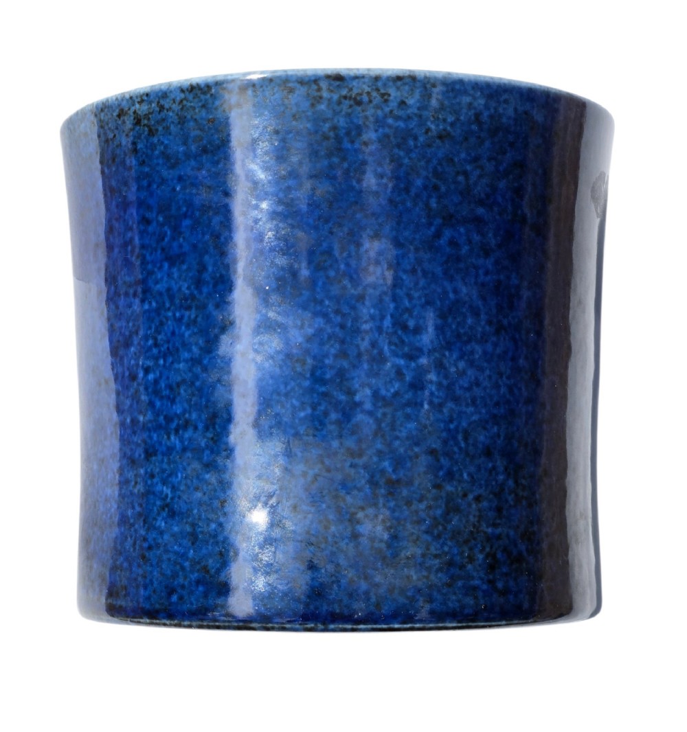 A cylindrical Chinese porcelain brush pot featuring a mottled powder-blue glaze with a pale rim. View IX
