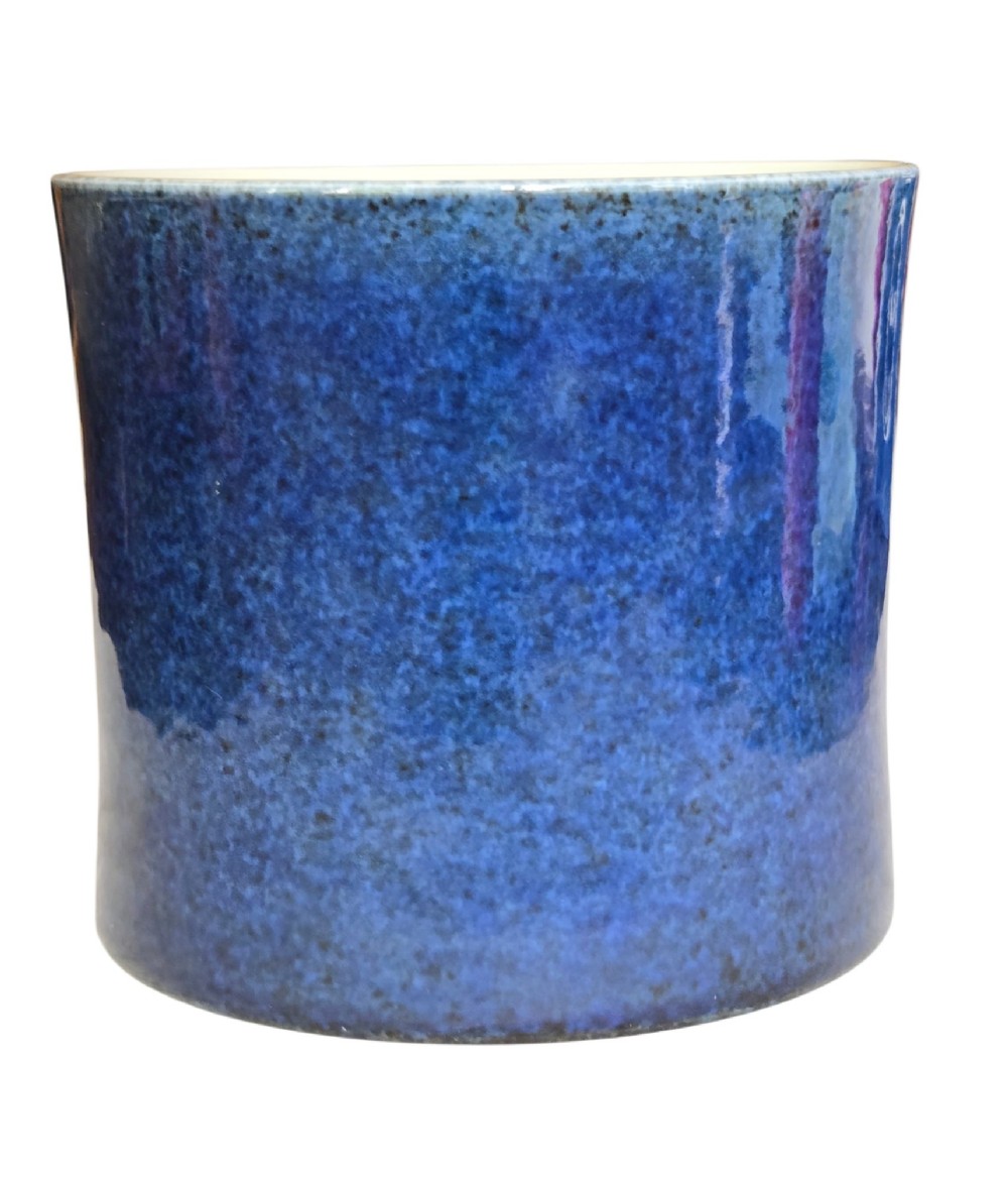 A cylindrical Chinese porcelain brush pot featuring a mottled powder-blue glaze with a pale rim. View X
