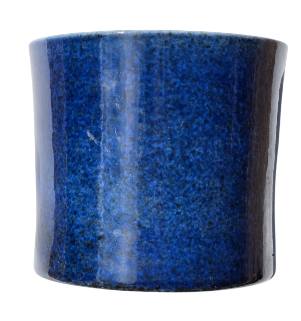 A cylindrical Chinese porcelain brush pot featuring a mottled powder-blue glaze with a pale rim. View XI