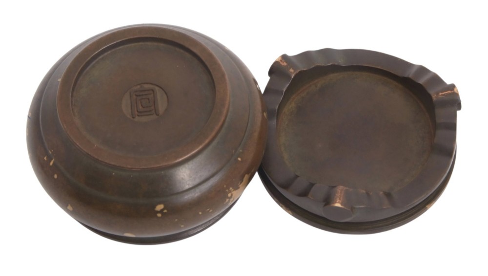 A dark brown bronze circular censer featuring gold splash decoration, a reticulated lattice cover with a spherical finial, and a matching footed bronze stand. View VIII
