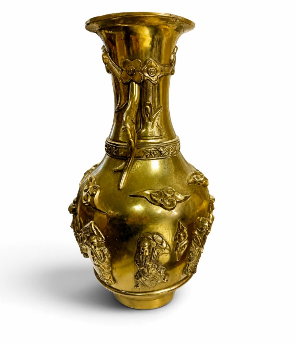 Large Late 19th-Century Chinese High-Relief Copper-Alloy Baluster Vase, Depicting Daoist Immortals with Twin-Dragon Xuande Base Mark, 41cm, 5.30kg