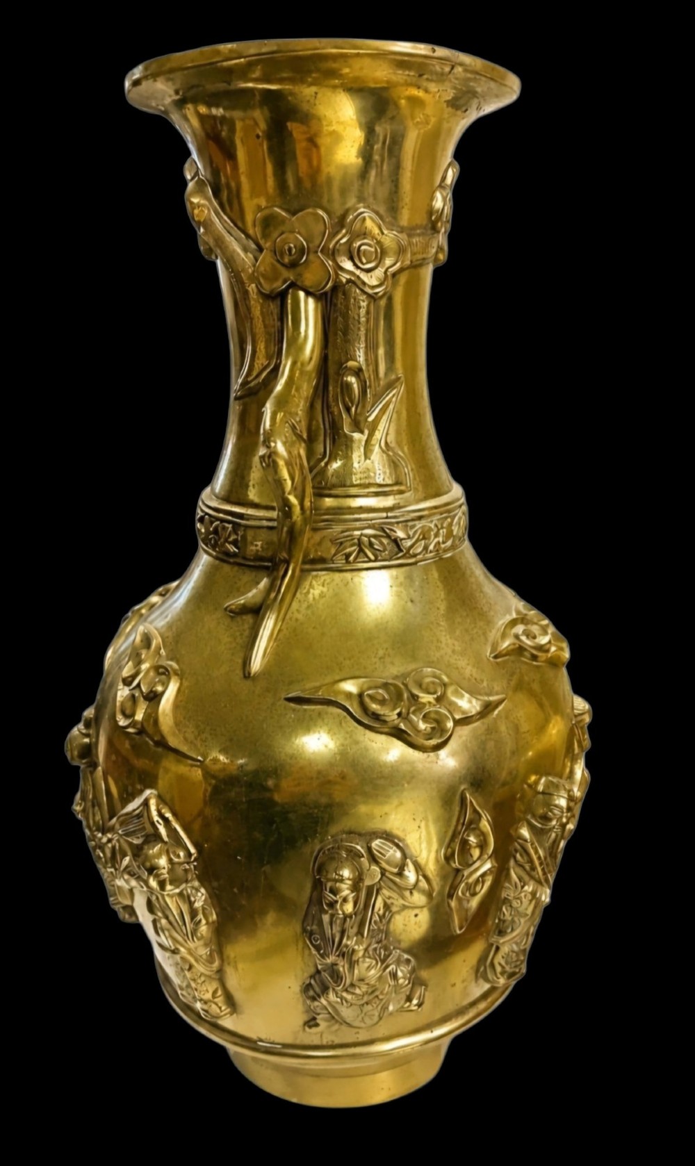 A late 19th-century Chinese brass baluster vase featuring raised high-relief carvings of Daoist figures, clouds, and floral handles. View XV