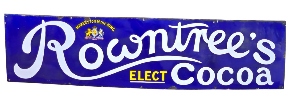 A rectangular cobalt blue vitreous enamel advertising sign featuring white script reading Rowntrees Cocoa and yellow lettering reading Elect Cocoa, topped with a royal warrant crest. View V