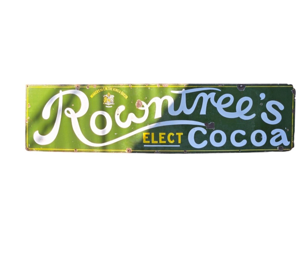 A large rectangular bottle green enamel sign featuring white and yellow typography for Rowntrees Elect Cocoa with a royal crest. View II