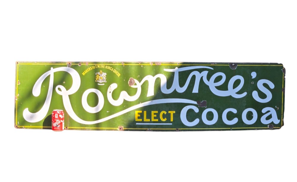 A large rectangular bottle green enamel sign featuring white and yellow typography for Rowntrees Elect Cocoa with a royal crest. View III