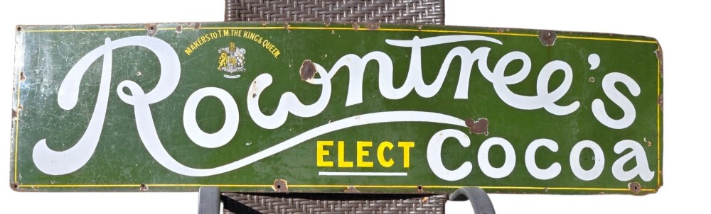 A large rectangular bottle green enamel sign featuring white and yellow typography for Rowntrees Elect Cocoa with a royal crest. View XIII