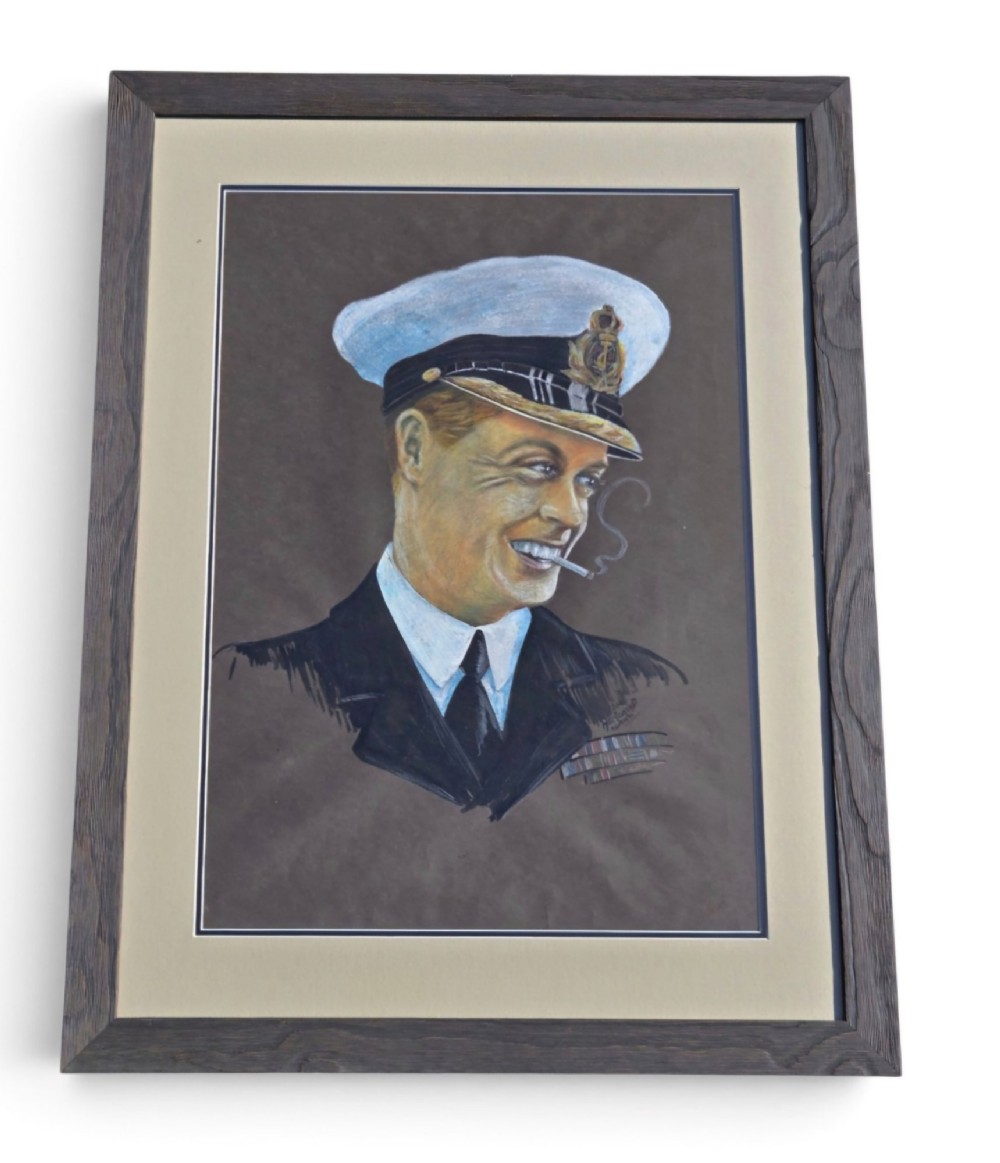 A framed 1931 pastel portrait drawing depicting a smiling man in a naval uniform smoking a cigarette against a dark background within a double mount and dark wood frame.