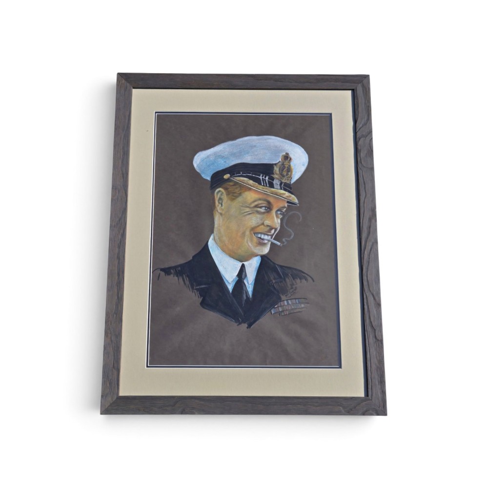 A framed 1931 pastel portrait drawing depicting a smiling man in a naval uniform smoking a cigarette against a dark background within a double mount and dark wood frame. View II