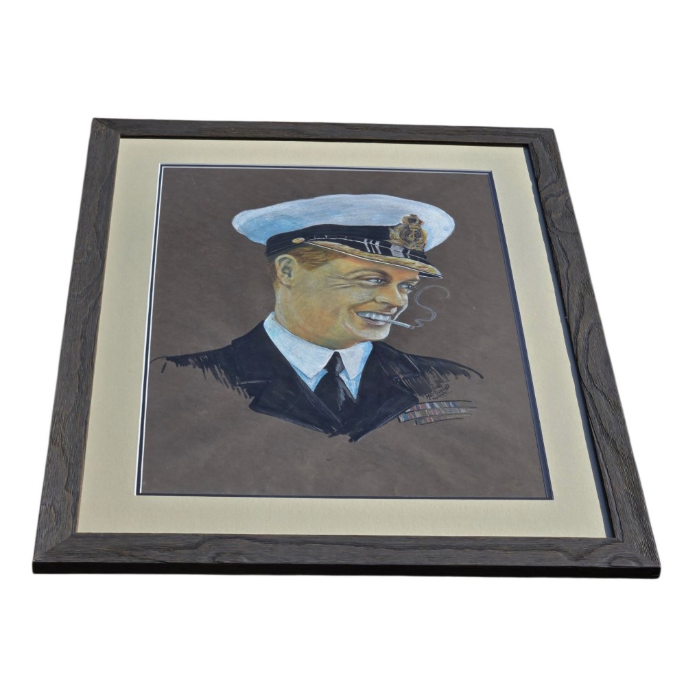 A framed 1931 pastel portrait drawing depicting a smiling man in a naval uniform smoking a cigarette against a dark background within a double mount and dark wood frame. View III