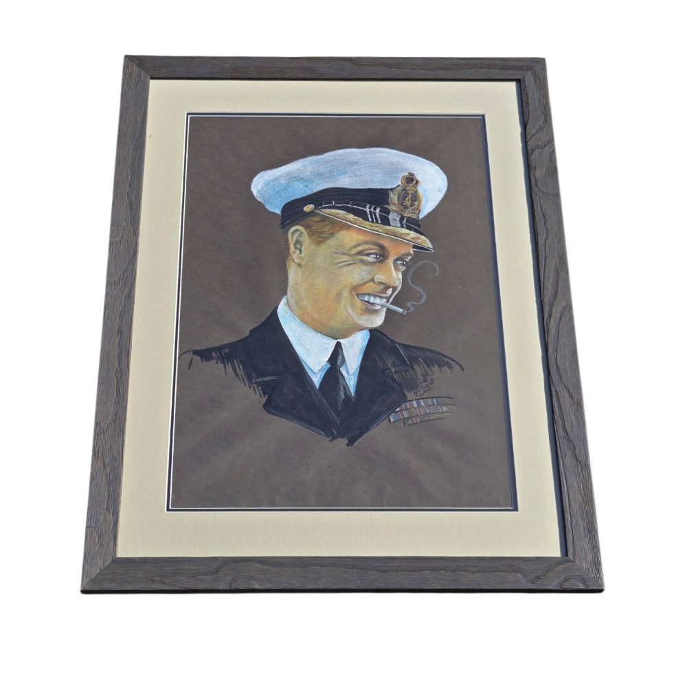 A framed 1931 pastel portrait drawing depicting a smiling man in a naval uniform smoking a cigarette against a dark background within a double mount and dark wood frame. View IV