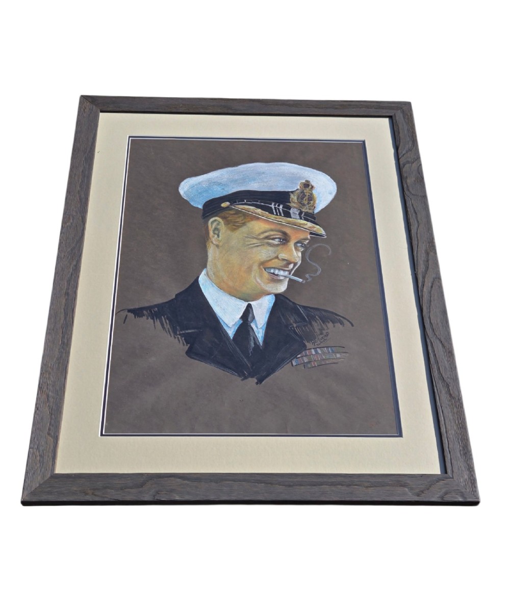 A framed 1931 pastel portrait drawing depicting a smiling man in a naval uniform smoking a cigarette against a dark background within a double mount and dark wood frame. View V