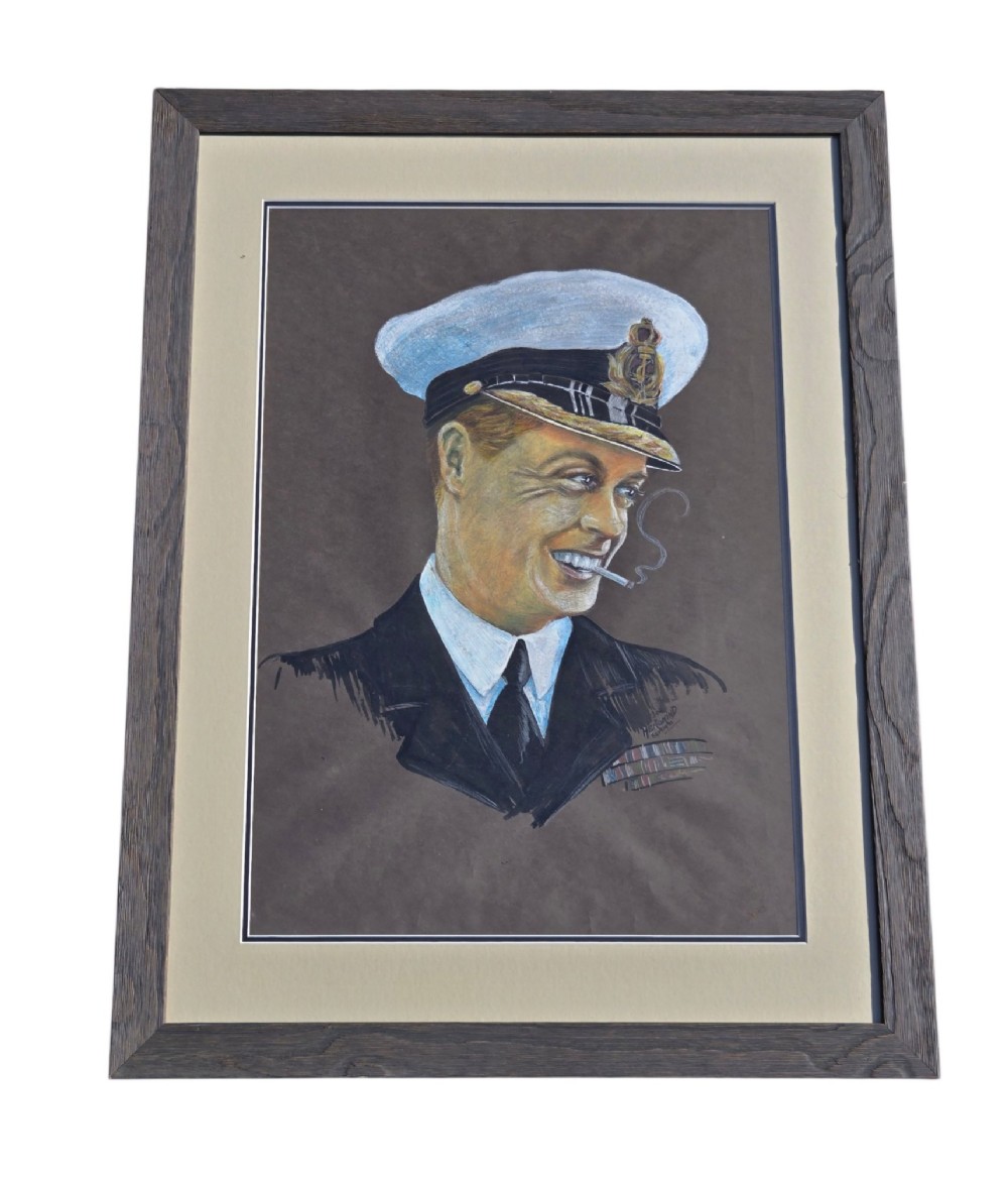 A framed 1931 pastel portrait drawing depicting a smiling man in a naval uniform smoking a cigarette against a dark background within a double mount and dark wood frame. View VI